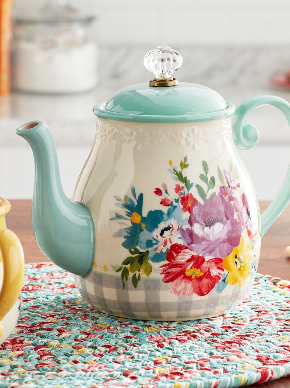 The Pioneer Woman Sweet Romance Ceramic Teapot in Mint and Cream